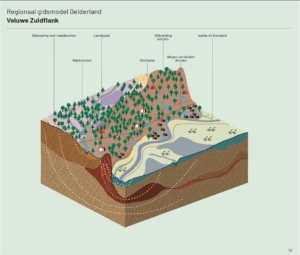 Weergave van de Veluwe Zuidflank met aangehecht landschap.Tot circa 1960 werd het natuurlijke systeem in beperkte mate aangepast ten behoeve van bebouwing, infrastructuur en edrijvigheid. De relatie tussen natuurlijk systeem en landgebruik nam af, maar werd nog niet volledig losgelaten. We spreken daarom van aanhechting.