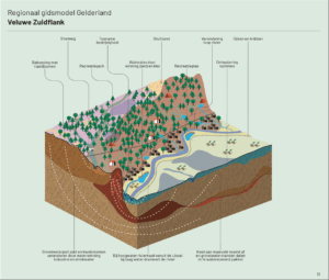 Kaart van het onthechte landschap van de Veluwe Zuidflank. Na 1960 is de relatie tussen grondgebruik en het natuurlijke systeem steeds verder losgelaten. Natuurlijke omstandigheden worden waar nodig aangepast aan landgebruik, bebouwing en infrastructuur. Vergeleken met andere regio’s zijn de aanpassingen in dit gebied overigens beperkt.