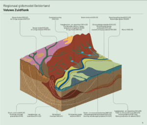 Kaart van de Veluwe Zuidflank met de scherpe landschapsgradiënt van droge en arme zandgronden naar vochtige bronsystemen en rivierkleigronden zorgt voor een bijzonder ensemble van natuurlijke vegetaties en een samenhangend leefgebied voor veel diersoorten.