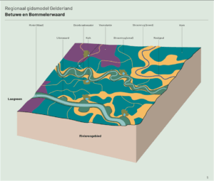 Kaart met het model van de regio verbeeldt het jonge rivierkleilandschap van de West-Betuwe (rechts op de tekening) en de geleidelijke overgang naar het laagveenlandschap (links).